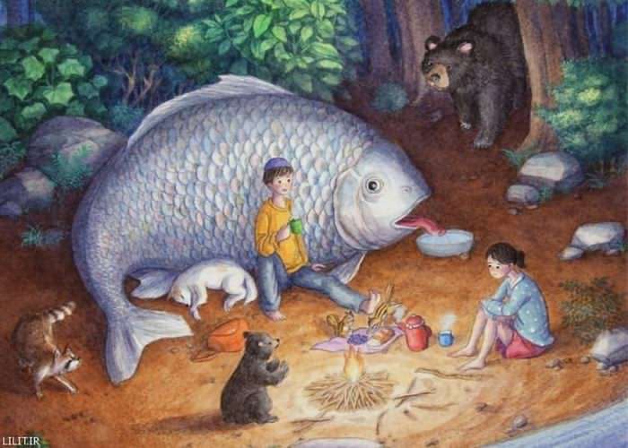 تابلو نقاشی کمپ جنگلی و ماهی بزرگ