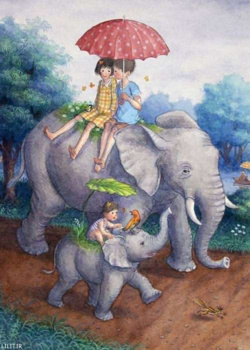 تابلو نقاشی فیل سواری در یک روز خوب