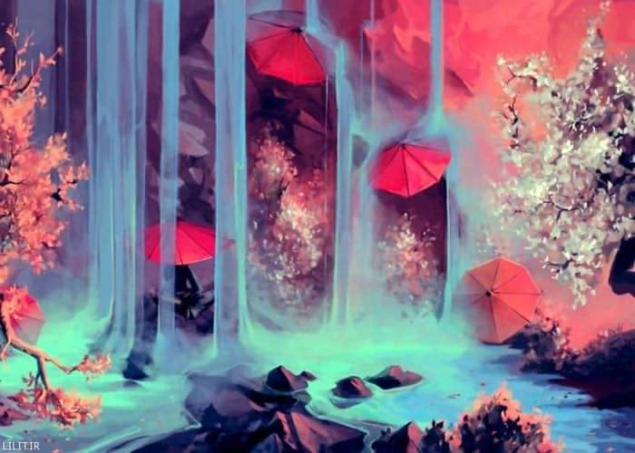 تابلو نقاشی چترها زیر آبشار