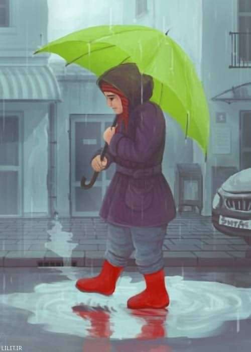 تابلو نقاشی کودک در باران