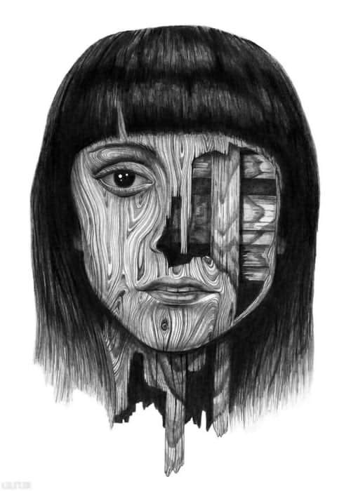 تابلو طراحی زنی با چهره‌ای از جنس چوب‌های پوسیده