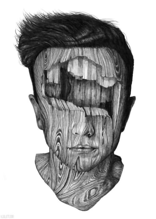 تابلو طراحی مردی با چهره‌ای از جنس چوب‌های پوسیده