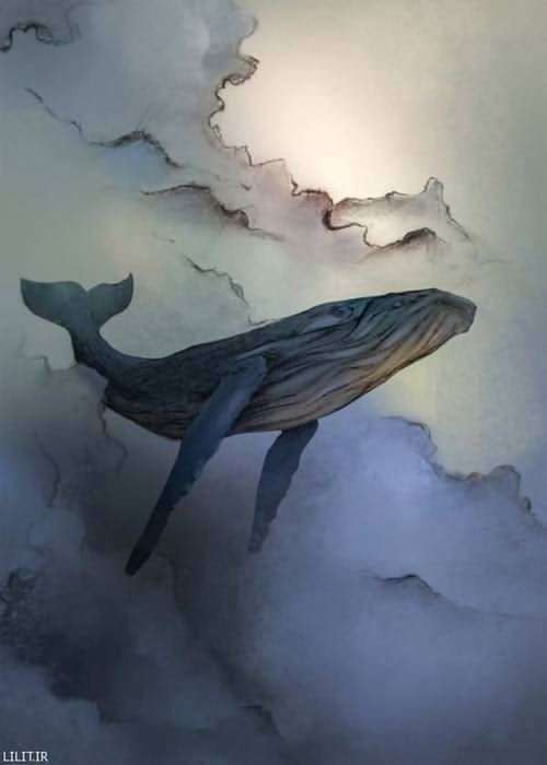تابلو طراحی نهنگ آبی در آسمان
