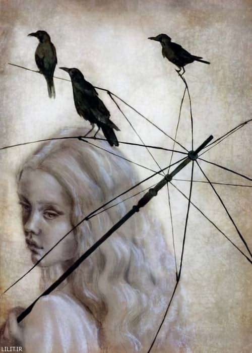 تابلو نقاشی دختر بیمار و سه کلاغ سیاه روی چتر