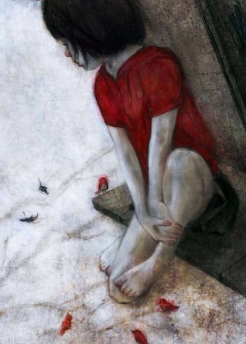 تابلو نقاشی دختر بچه بیمار و پرندگان کوچک