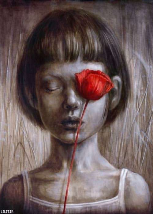 تابلو نقاشی دختر بچه بیمار و شاخه گل شقایق