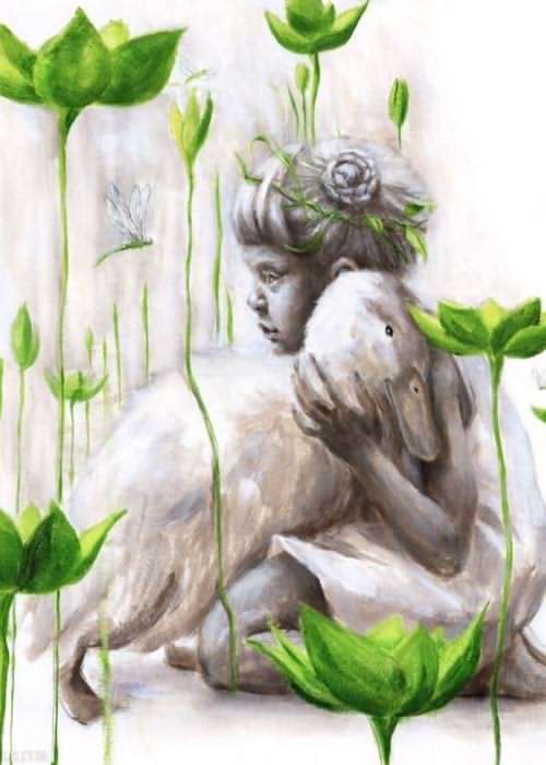تابلو نقاشی دختر بچه بیمار و مرغابی سفید