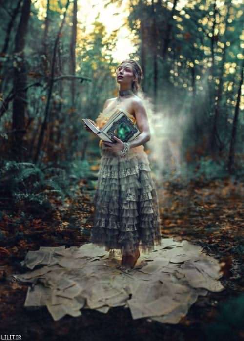 تابلو عکس ایستاده در جنگل با کتاب سحر انگیز