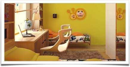 دکوراسیون اتاق کودک پسرانه با ترکیب رنگ لیمویی و پرتغالی