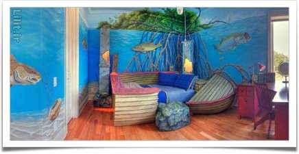 طراحی اتاق کودک با طرح اعماق دریا و تختخواب قایق