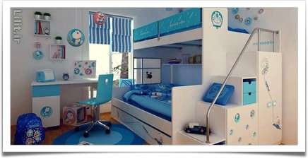 تخت خواب دوطبقه آبی حفاظ دار برای اتاق کودک پسرانه