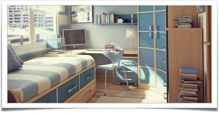 دیزاین اتاق کودک با فضای کوچک و رنگ شاخص آبی