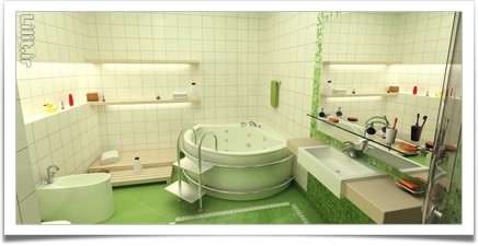 حمام و دست‌شویی مدرن با کاشی‌کاری سفید و سبز
