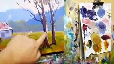 آموزش یادگیری نقاشی اکریلیک منظره روستایی