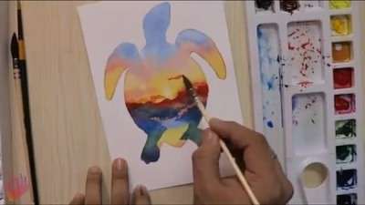 آموزش نقاشی آبرنگ منظره زیبا شکل لاکپشت