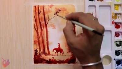 آموزش نقاشی دختر اسب سوار در غروب جنگل