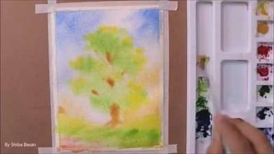 آموزش نقاشی آبرنگ درخت کهنسال تابستانی