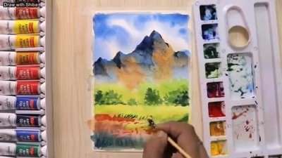 آموزش نقاشی منظره کوهستان زیبا با آبرنگ