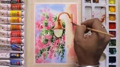 آموزش نقاشی چراغ خیابان و گلهای زیبا