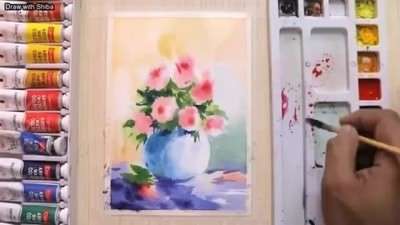 آموزش نقاشی آبرنگ گلدان گل
