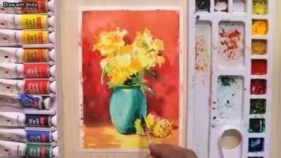 آموزش نقاشی گلدان گل‌های داوودی