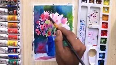 آموزش نقاشی گل‌های زیبا در کوزه سفالی
